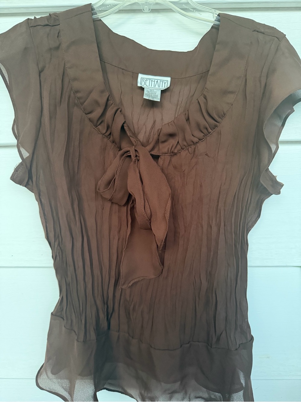 Bethany Brown Vintage Sheer Crinkle Tie-Neck Blouse Size Large 12/14 Y2K